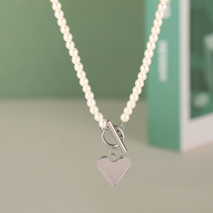 Collar De Perla Elegante Con Cadena Con Colgante De Corazón De Acero Inoxidable De Moda