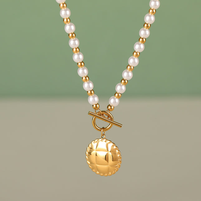 Collar De Perlas Con Colgante En Forma De Escudo Redondo De Paja De Moda