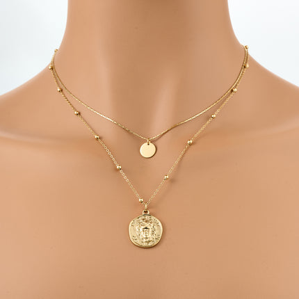 Collar De Doble Capa De Cadena De Serpiente Con Bolas De Acero Con Colgante De Placa De Reina Ovalada
