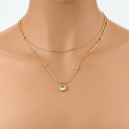 Collar De Doble Capa De Cadena De Serpiente Con Cuentas De Arroz Con Circón Redonda Y Bolas