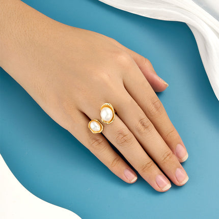 Anillo Ajustable Retro Con Perlas De Diseño Elegante De Alta Gama De Cobre Chapado En Oro 14K