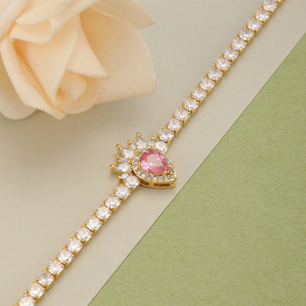 Pulsera De Cadena De Cobre Con Gran Circon Rosa Y Pequeños Circones