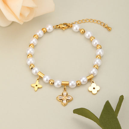 Pulsera Con Diseño De Flor De Cuatro Hojas Y Perlas En Cobre Chapado En Oro 14K
