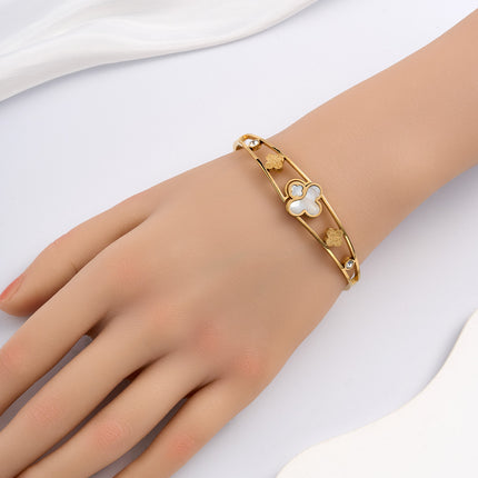 Pulsera Brazalete Con Flor De Cuatro Hojas Y Circonita De Acero Inoxidable