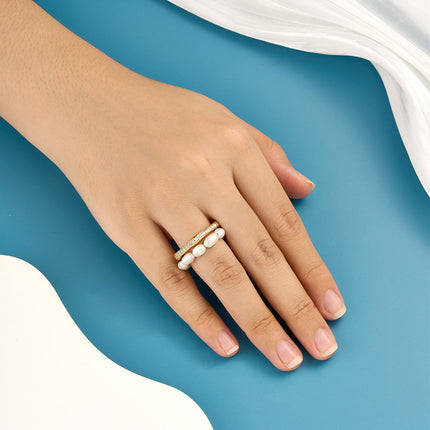 Anillo Ajustable Con Diseño Minimalista Perlas Y Diamantes De Cobre Chapado En Oro 14K
