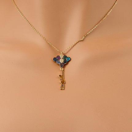Collar De Oro 18K Con Dije De Chica Con Globos Multicolores, Estilo Divertido