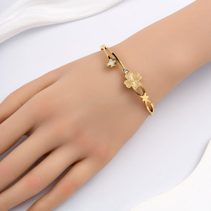 Pulsera Brazalete De Acero Inoxidable Con Flor De Cuatro Hojas