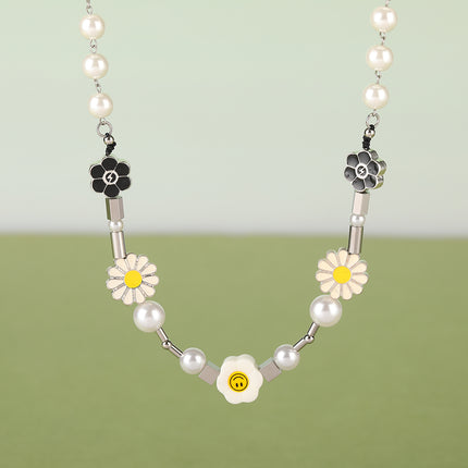 Collar De Cadena De Acero Inoxidable Con Bolas De Perlas Y Colgante De Margarita De Moda