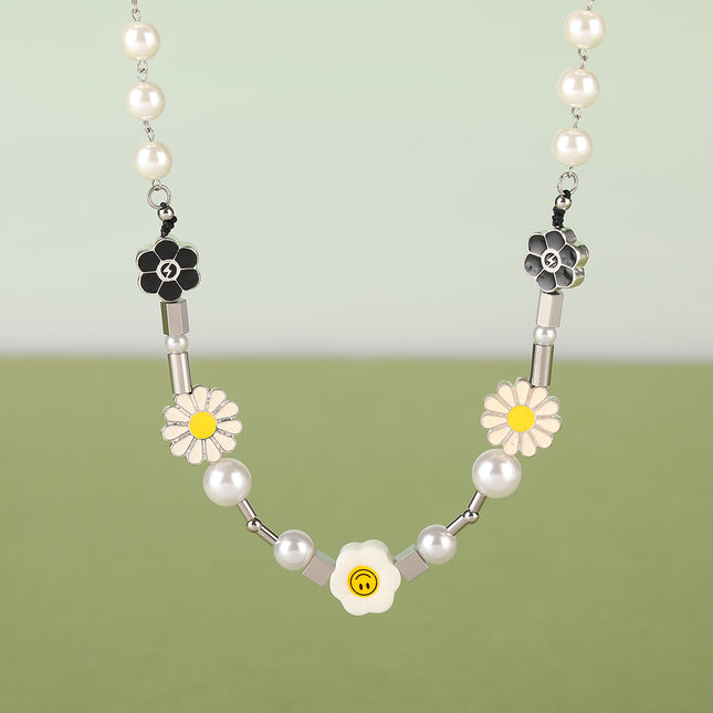 Collar De Cadena De Acero Inoxidable Con Bolas De Perlas Y Colgante De Margarita De Moda
