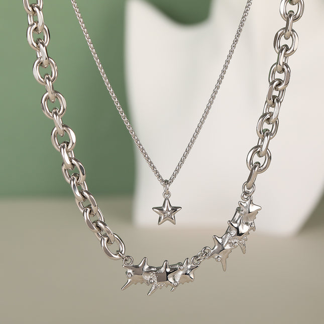 Collar De Doble Capa De Cadena De Acero Inoxidable Con Estrellas De Mar De Moda