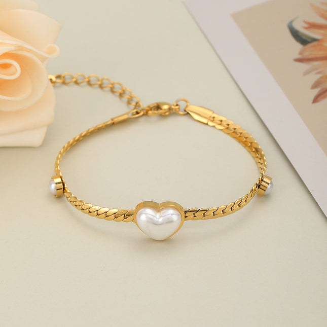 Pulsera De Corazón Con Concha Blanca, Acero Chapado En Oro 14K