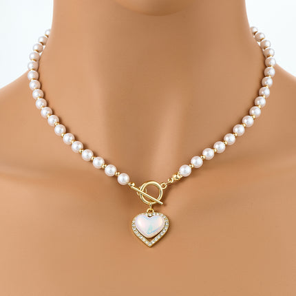 Collar De Cadena De Perlas De Pegamento Con Circón Y Colgante En Forma De Corazón