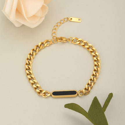 Pulsera Dorada Con Detalles De Rectángulos Negros, Acero Y Acabado 14K