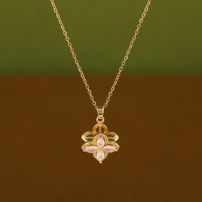 Collar Casual Con Flor Tridimensional De Cuatro Hojas De Cobre Para Suerte Con Diamante De Imitación
