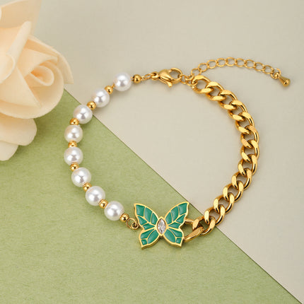 Pulsera Con Diseño De Mariposa Verde Y Perlas Vintage De Cobre Chapado En Oro 14K