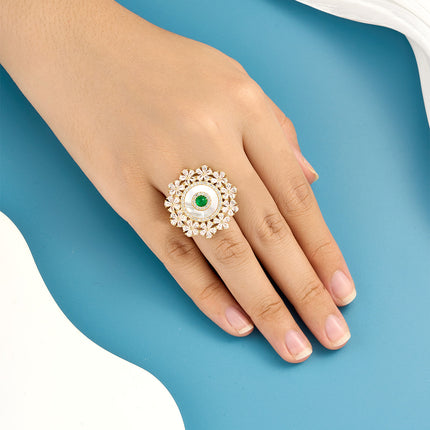 Anillo Vintage De Flor Con Perlas Y Diamantes Diseño De Capas De Cobre Chapado En Oro 14K