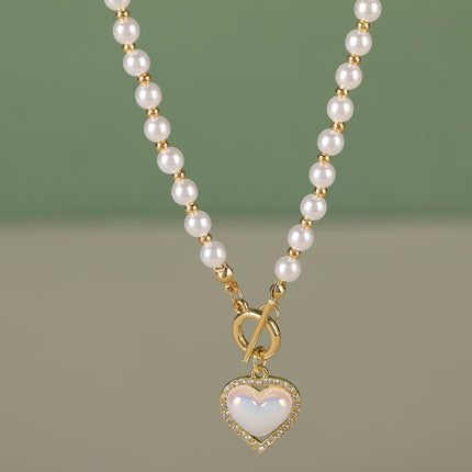 Collar De Cadena De Perlas De Pegamento Con Circón Y Colgante En Forma De Corazón