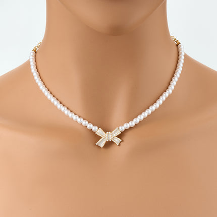 Collar De Estilo Francés De Perlas Blancas Elegante Con Lazo De Lujo Leve De Moda