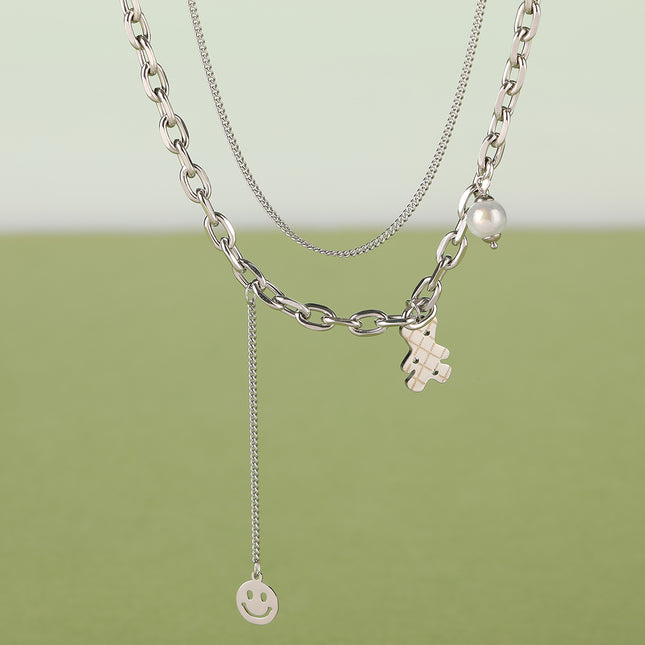 Cadena De Doble Capa Con Colgante Multitesoro De Cara Sonriente Y Oso Personalizado De Moda