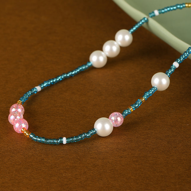Collar De Cuentas De Vidrio Azul Con Perla De Estilo Bohemio De Moda