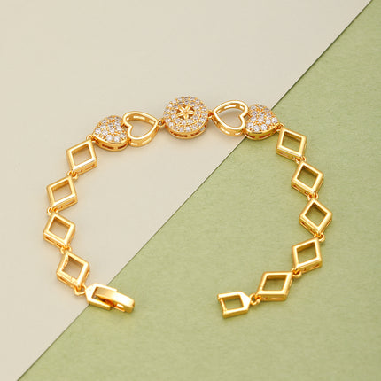 Pulsera De Cadena Cobre Con Corazones De Circonita Y Cadena Romboidal