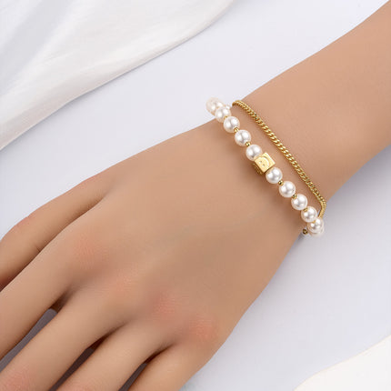 Pulsera De Cadena Cobre Y Plata Con Perlas Sintéticas, Sonrisa Cuadrada