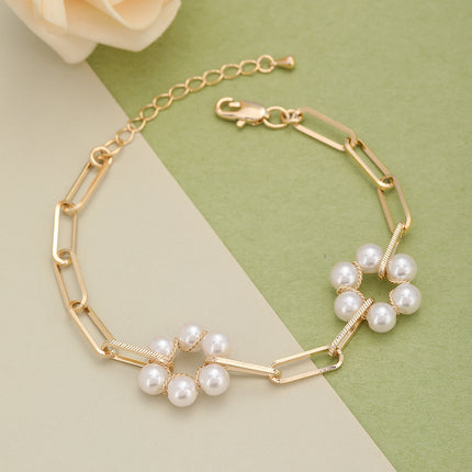 Pulsera De Cobre Con Perlas Imitación Y Cadena De Rectangular Estilo Moda
