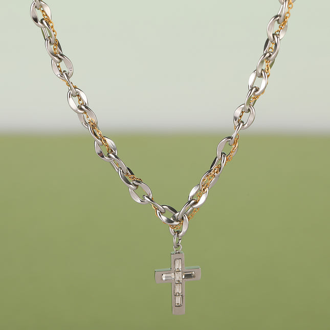 Collar De Acero Inoxidable Con Colgante De Cruz De Moda Con Cadena Gruesa y Delgada Enrollada