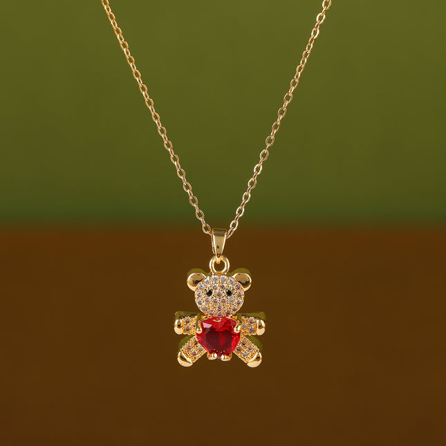 Collar De Acero Inoxidable De Moda Con Colgante De Oso Rojo Con Diamantes De Imitación