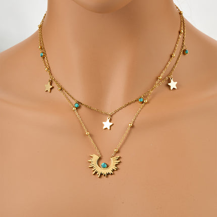 Collares De Doble Capa Estilo Vintage Sol Turquesa Chapados En Oro De 18k