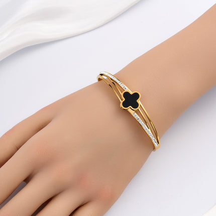 Pulsera Brazalete De Acero Inoxidable Con Flor De Cuatro Hojas Y Circon