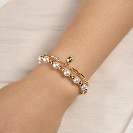 Pulsera Doble Cobre Con Perlas, Bolas Doradas Y Cierre En Oro De 14K