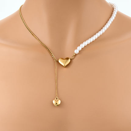 Collar De Cadena De Media Acero Inoxidable Media De Perlas Con Colgante De Corazón Tridimensional