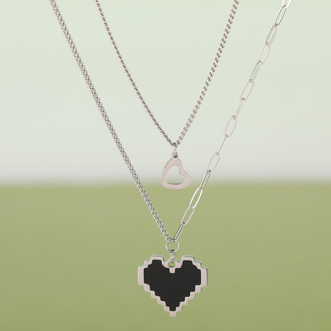 Collar Cadena De Doble Capa De Corazones Huecas Con Elementos De Mosaico De Moda