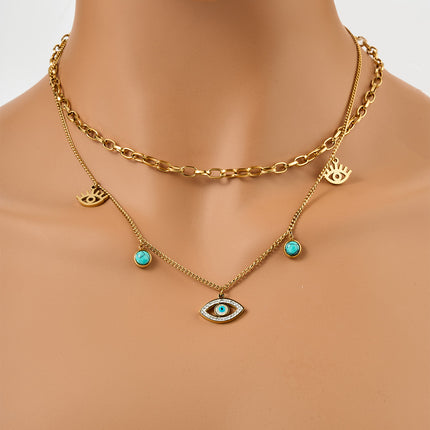 Collar De Doble Capa Con Ojo De Demonio Y Turquesa Acero De Titanio