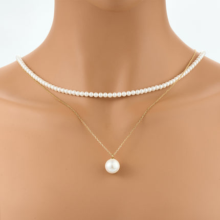 Collar De Doble Capa De Cadena De Perlas Elegante  Y Acero Inoxidable Con Colgante De Perla Grande