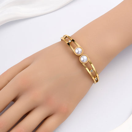 Pulsera Brazalete De Acero Inoxidable Con Perlas Artificiales Y Zirconias