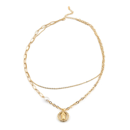 Collar De Doble Capa De Lujo Leve De Moda Con Colgante Redondo Con Diamantes Para Mujer