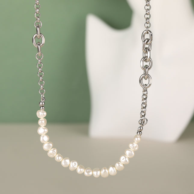 Collar Con Perlas De Cadena De Acero Inoxidable Con Hebilla De Anillo De Lujo Leve De Moda