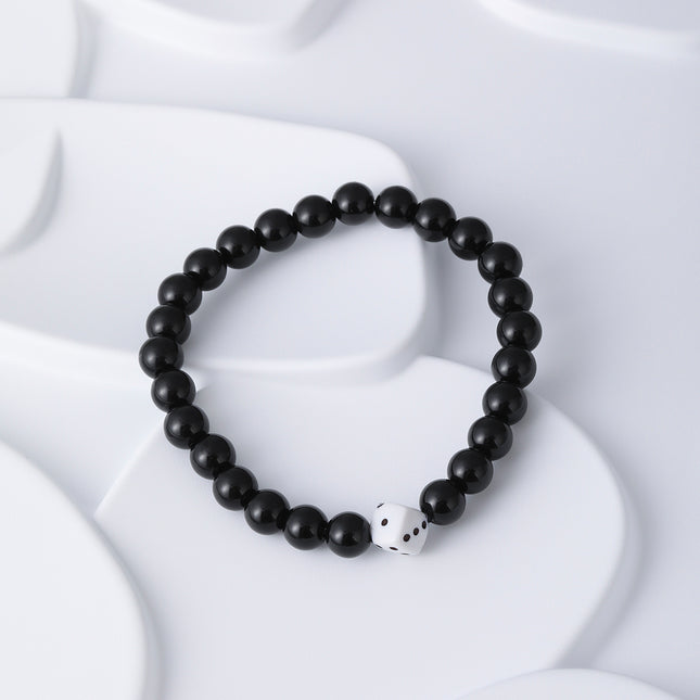 Pulsera De Acero Inoxidable Con Cuentas Negras Y Detalle De Dado