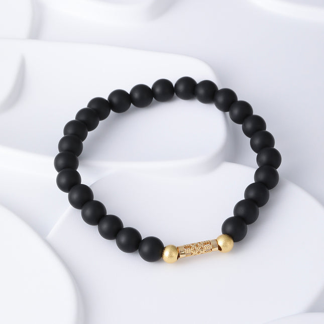 Pulsera De Cuentas De Piedra Negra Con Detalles Dorados, Estilo Elegante