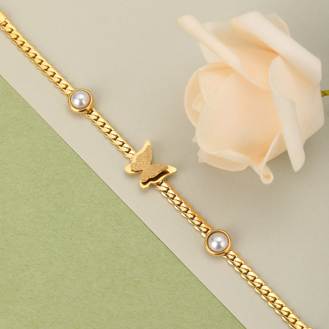Pulsera De Perlas Con Mariposas En 3D De Cobre Chapado En Oro 14K