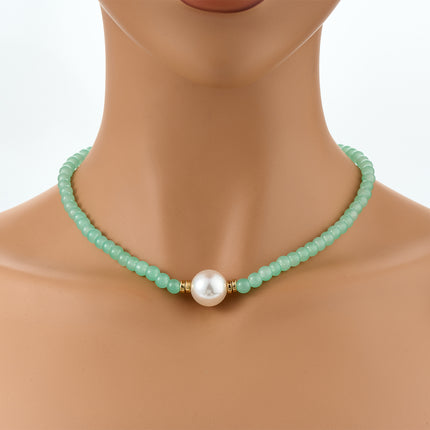 Collar Elegante Simple De Cuentas De Vidrio Verde De Moda Con Perla Grande