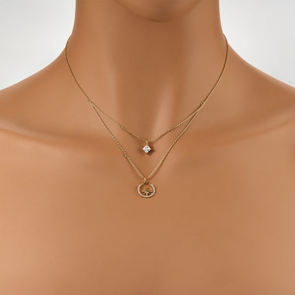 Collar Oro De 14K Con Colgante De Circonita Cuadrado Y Estrella En Círculo