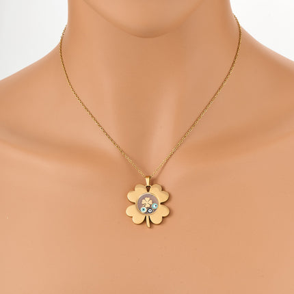 Collar De Acero Inoxidable Con Colgante De Trébol Y Ojo Azul De La Suerte