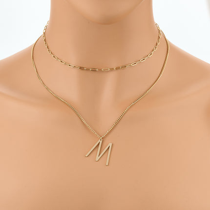 Collar De Doble Capa De Cadena Plana Con Colgante De M Diagonal De Acero Inoxidable