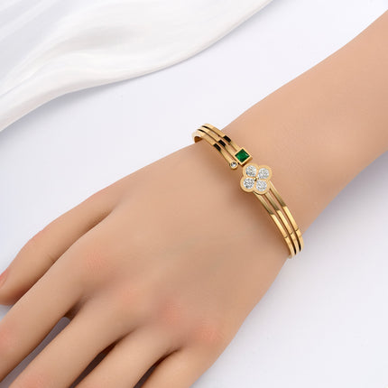 Pulsera Brazalete Con Flor De Cuatro Hojas Y Zirconia Verde Cuadrada