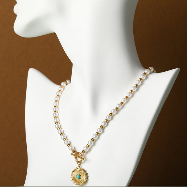 Collar De Perlas Y Bolas Con Colgante De Sol En Forma De Flor De Diseño Único