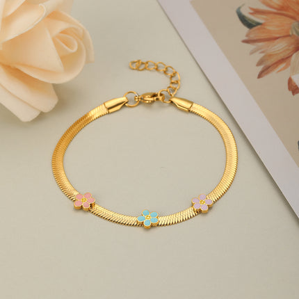Pulsera Dorada Con Tres Flores De Colores Y Cadena Serpiente