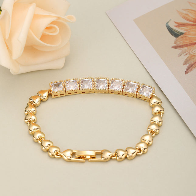 Pulsera De Cobre Con Cadena De Corazones Y Cubos De Zirconia Brillante